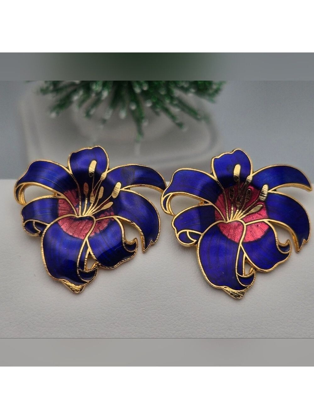 Lily Flower Vintage Cloisonné Enamel Studs Earrings Blue & Pink